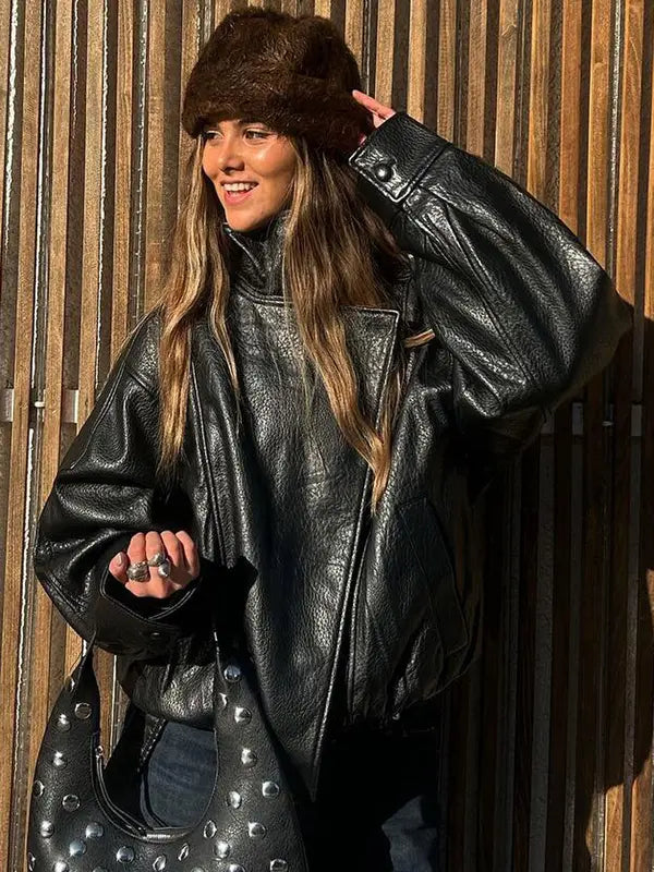 Black Faux Leather Jacket Stand Collar Oversized Moto Biker Jacket Elastic Hem Streetwear Casual Long Sleeve Waterproof Windproof Outerwear for Spring & Fall, Ladies Clothes for Daily Wear