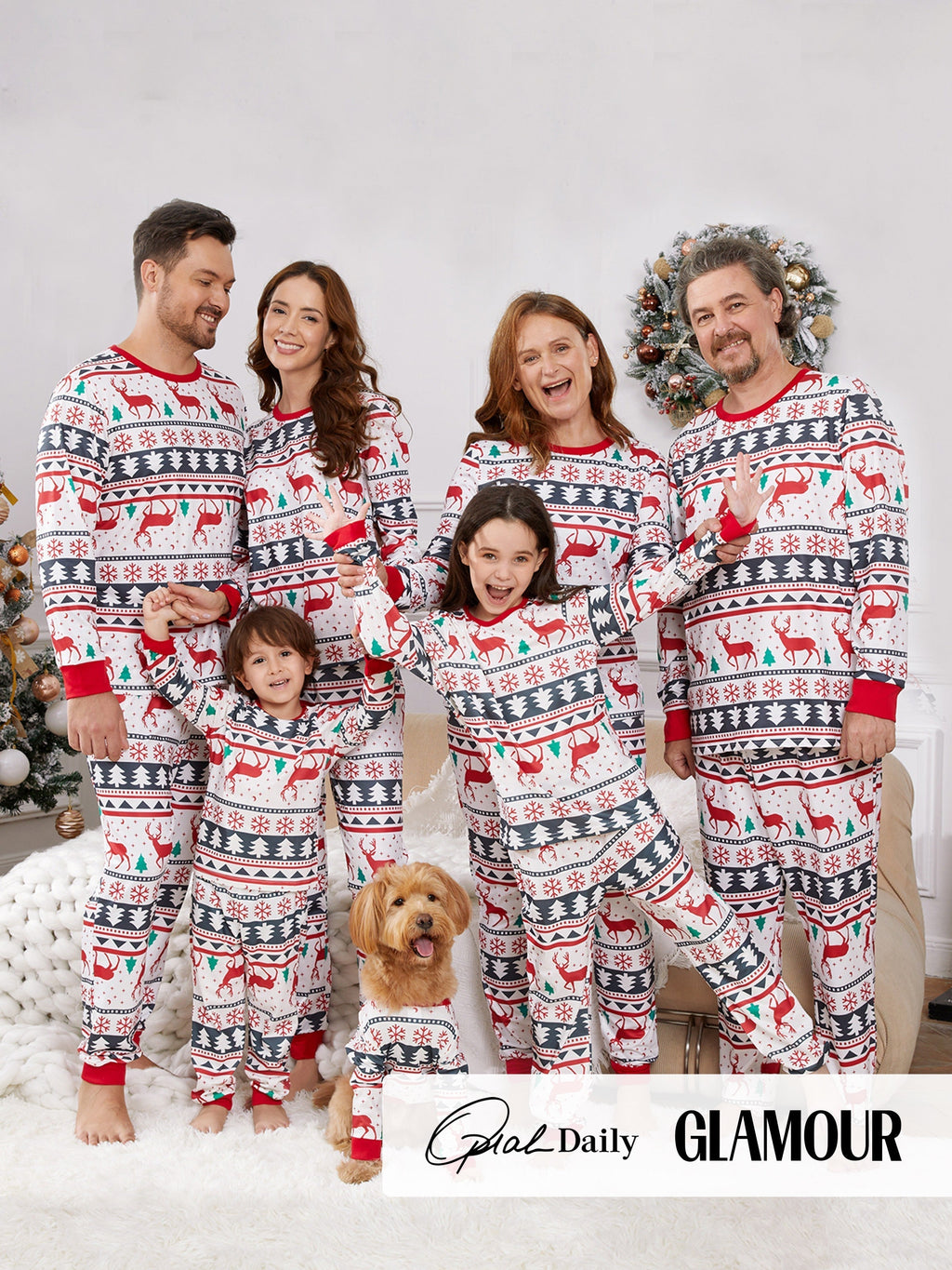 Family Christmas Pajamas All Over Reindeer Print Long-sleeve with Christmas Socks (SGS Certied Safety) Red+White