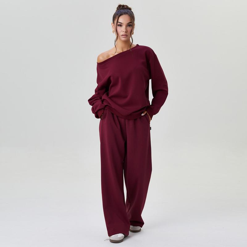 Women's Leisure Solid Color Sloping Shoulder Long Sleeve Top & Wide Leg Trousers Co-ord, Cozy Scoop Neck Loose Two Piece Outfits, Basic Womenswear