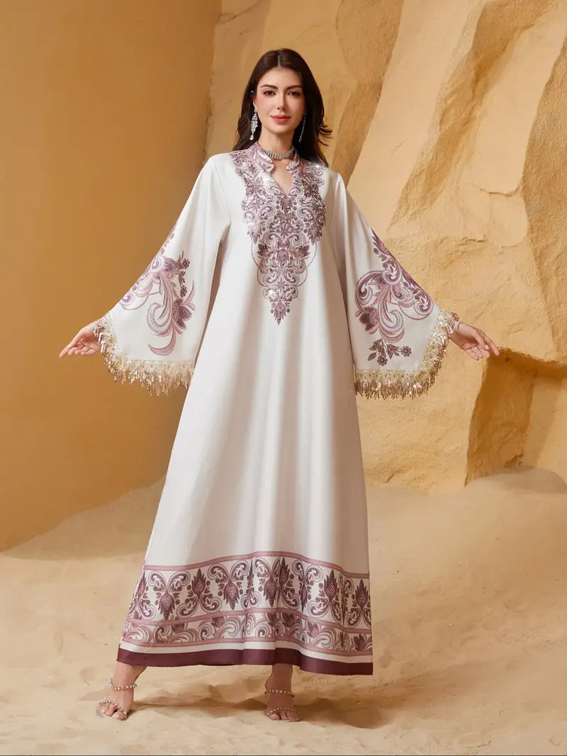 Women's Elegant Long Dress, Loose Fit Ethnic Print, Lace-Up Design, All-Season Wear, Perfect for Evening Occasions & Special Events