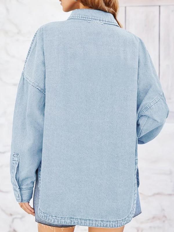 Women's Plain Button Front Drop Shoulder Curved Hem Denim Jacket, Casual Long Sleeve Pocket Design Collar Outerwear for Daily Wear, Ladies Clothes for All Seasons