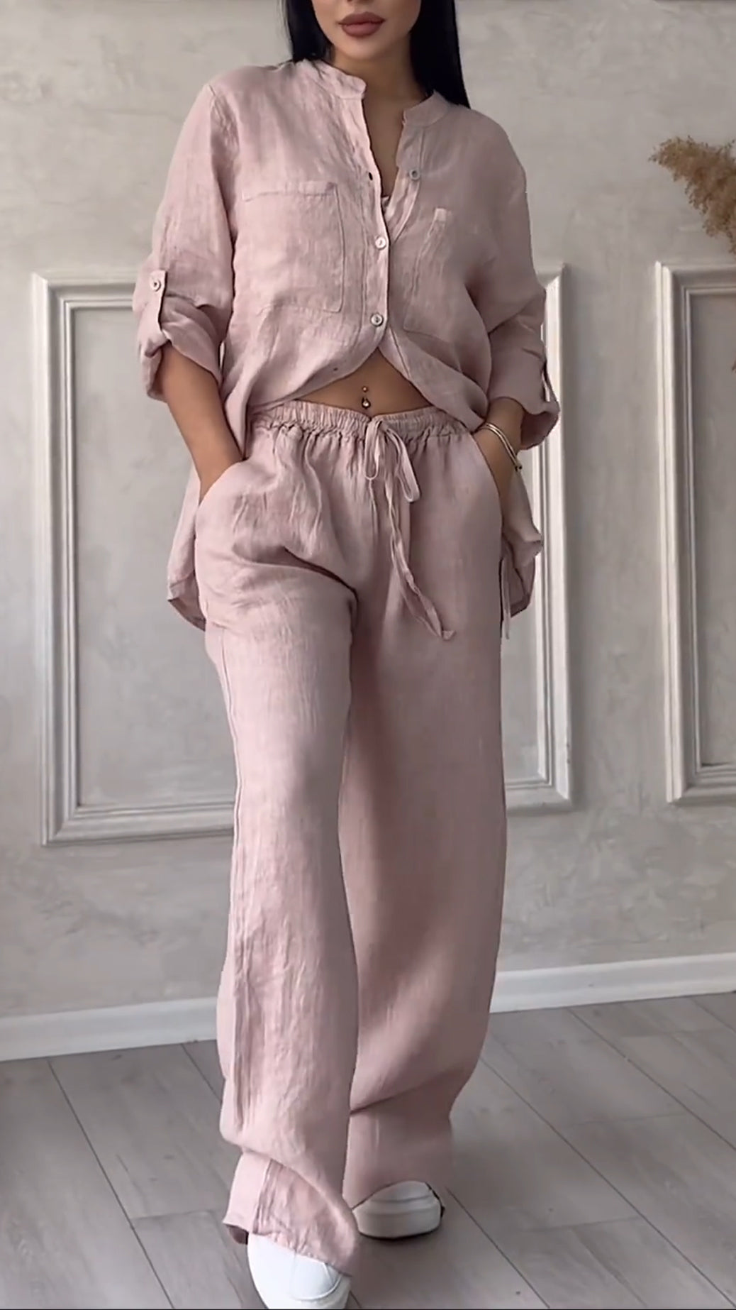 Women's V-neck Cotton and Linen Casual Suit