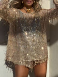 Women's Round Neck Tassel Sequined Casual Suit