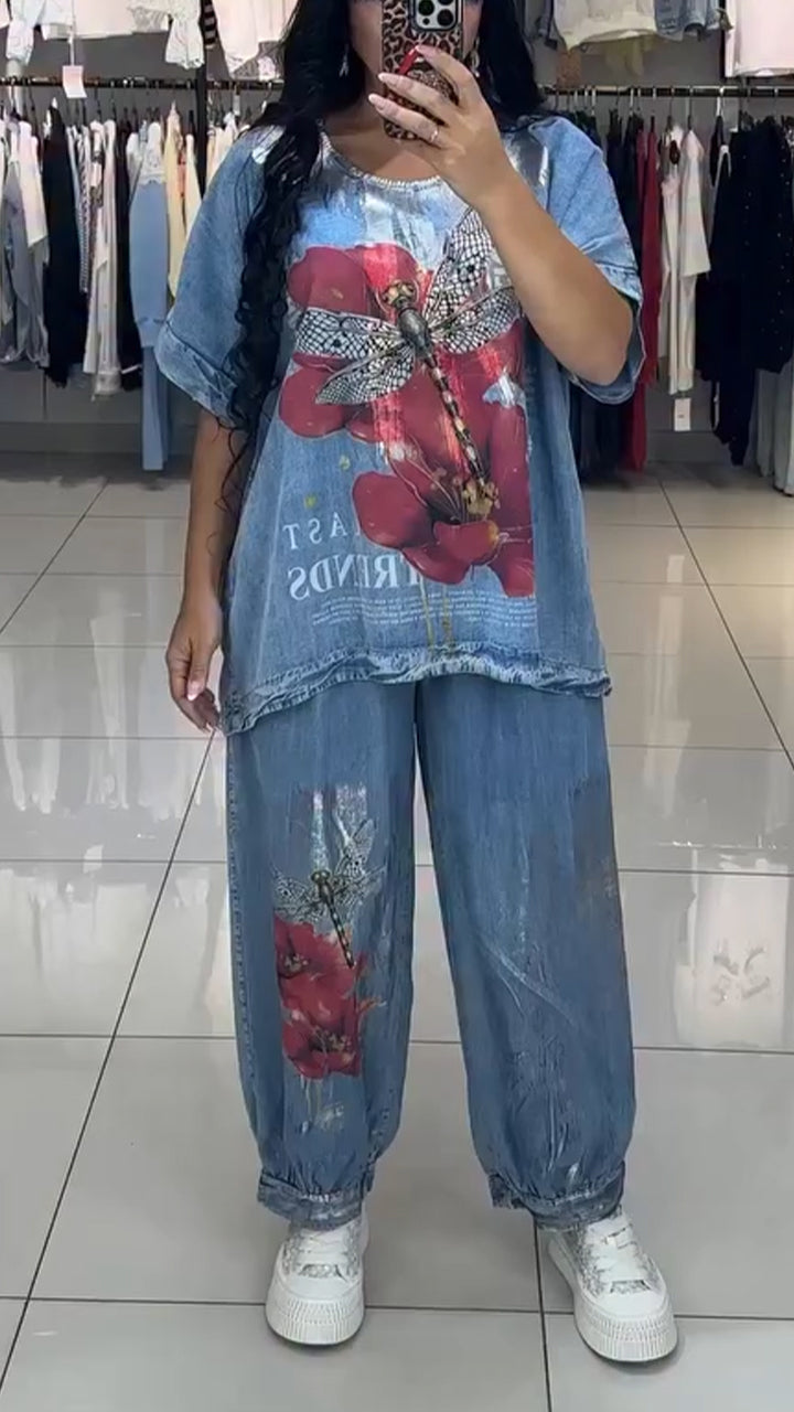 Ladies' Round Neck Printed Top + Pants Casual Set