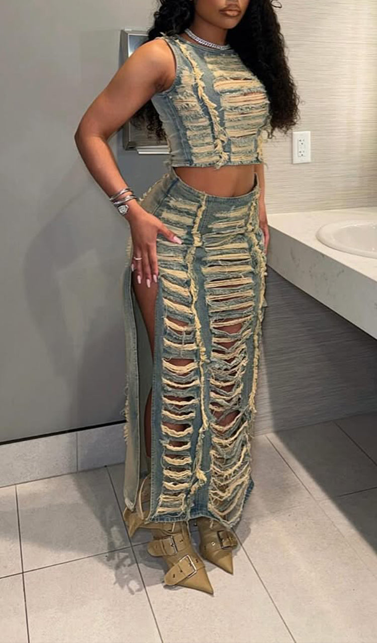 Women Round Neck Ripped Top+ Split Half Skirt Casual Denim Suit