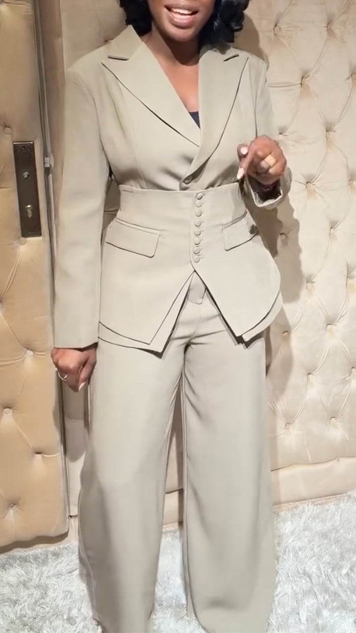 Women Collar Tie Waist Cinching Temperament Commuting Three Piece Set