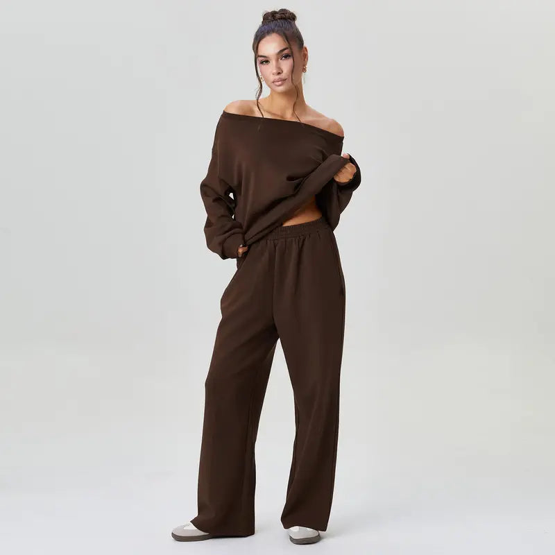 Women's Leisure Solid Color Sloping Shoulder Long Sleeve Top & Wide Leg Trousers Co-ord, Cozy Scoop Neck Loose Two Piece Outfits, Basic Womenswear
