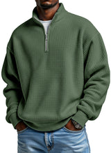 Men's Daily Loose And Simple Waffle Half-zip Stand Collar Long-sleeved Polo Shirt