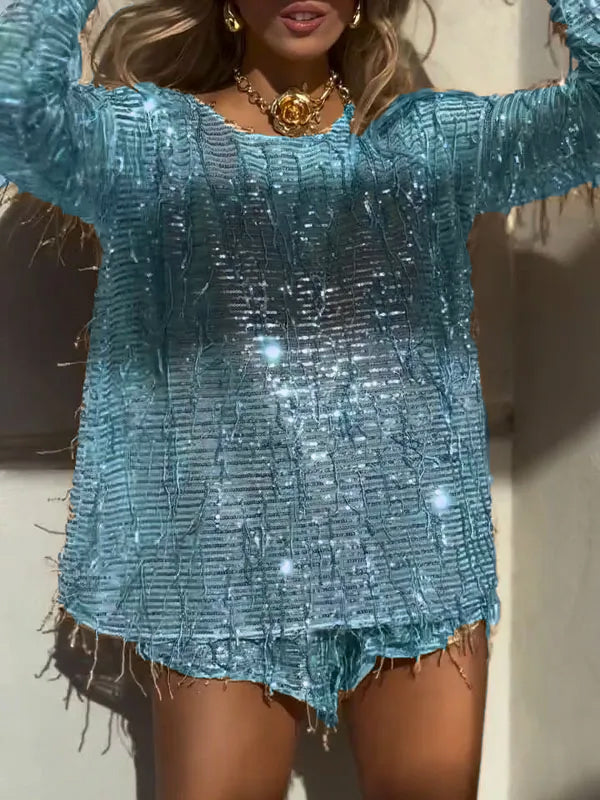 Women's Round Neck Tassel Sequined Casual Suit
