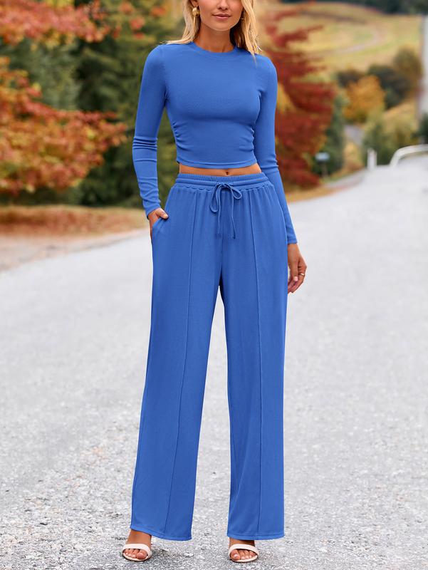 2-Piece Ribbed Knit Long Sleeve Crop Top Wide Leg Pants Matching Lounge Set Loungewear