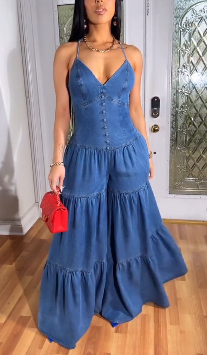 Women's Sexy Halterneck Sleeveless Denim Jumpsuit