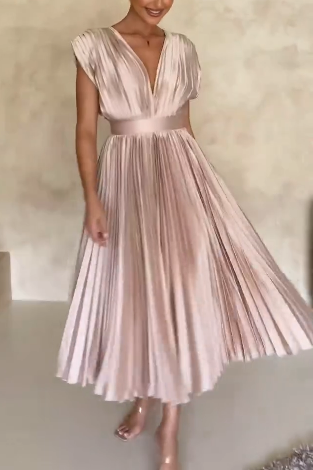 Women's Elegant V-neck Shiny Pleated Sleeveless Dress