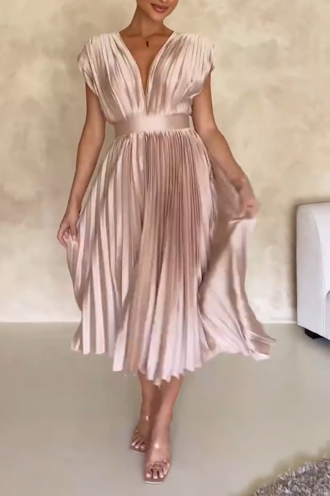 Women's Elegant V-neck Shiny Pleated Sleeveless Dress
