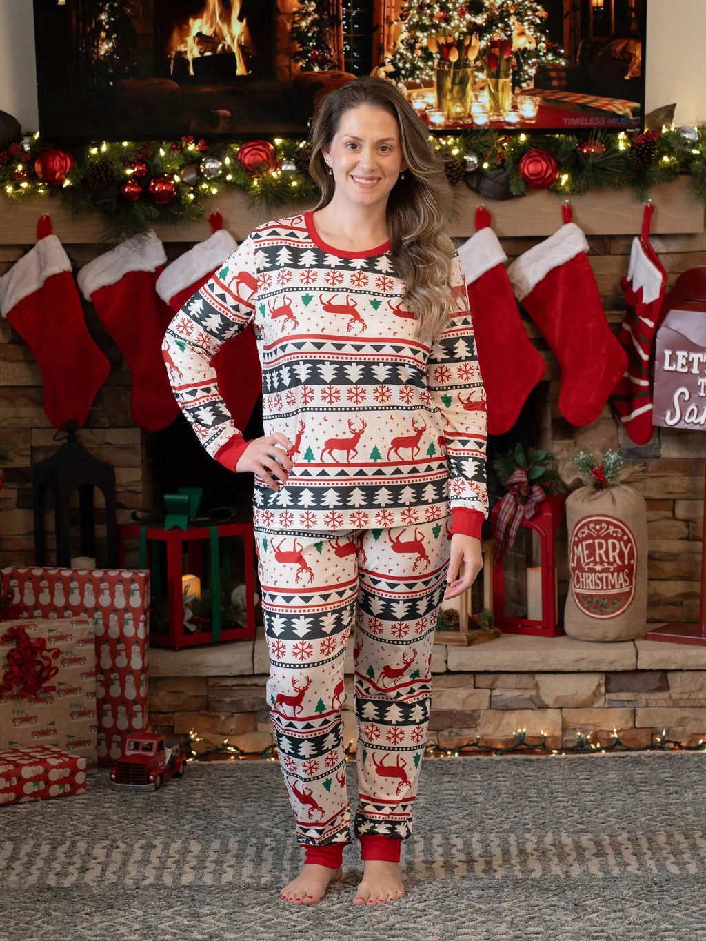 Family Christmas Pajamas All Over Reindeer Print Long-sleeve with Christmas Socks (SGS Certied Safety) Red+White