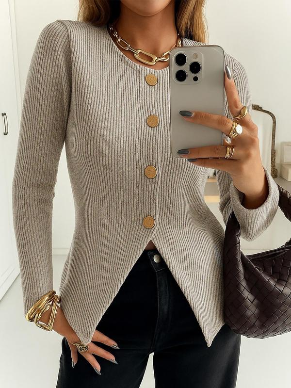 Women's Casual Elegant Ribbed Knit Button Long Sleeve Top, Fitted Plain Design, All Season Wear, Moderate Fabric Thickness