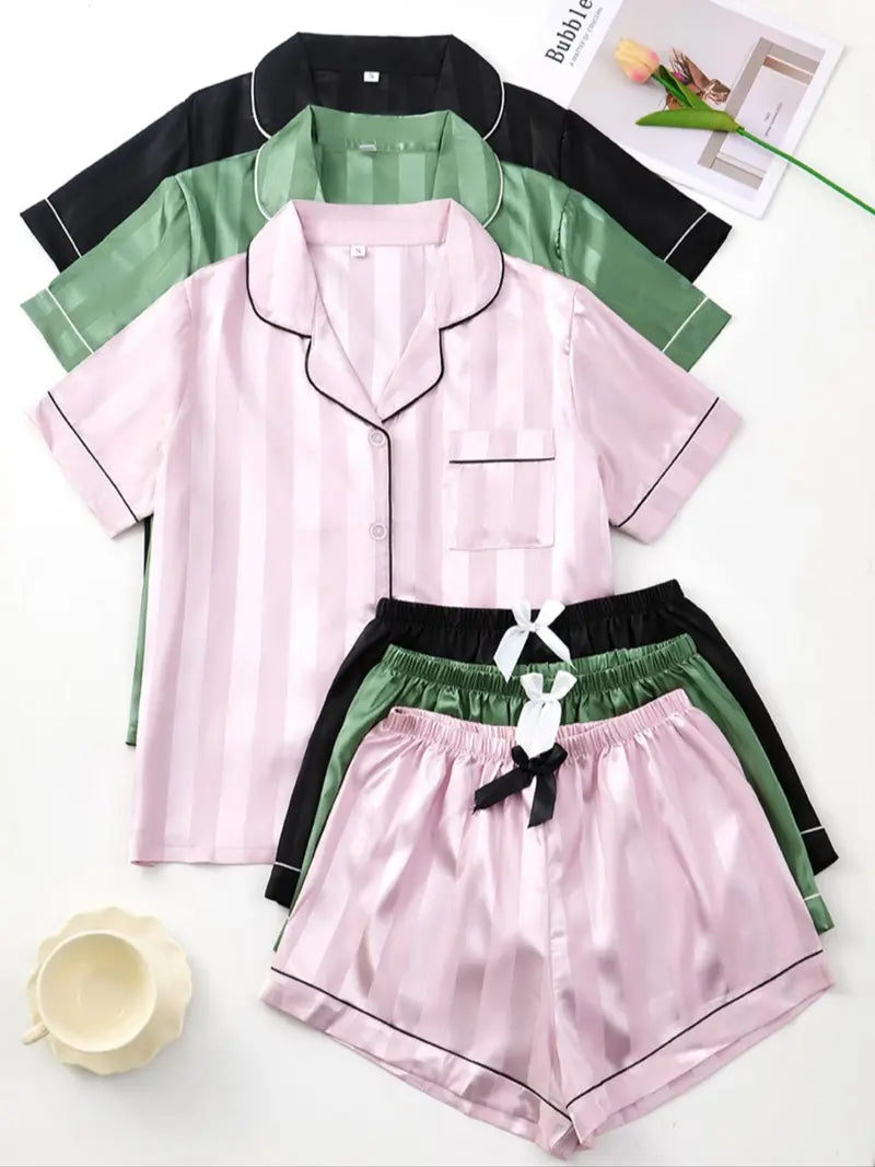 Women's Solid Contrast Binding Bow Decor Pajama Set, Short Sleeve Button Front Lapel Shirt & Shorts Pj Set, Ladies Summer Sleepwear & Loungewear