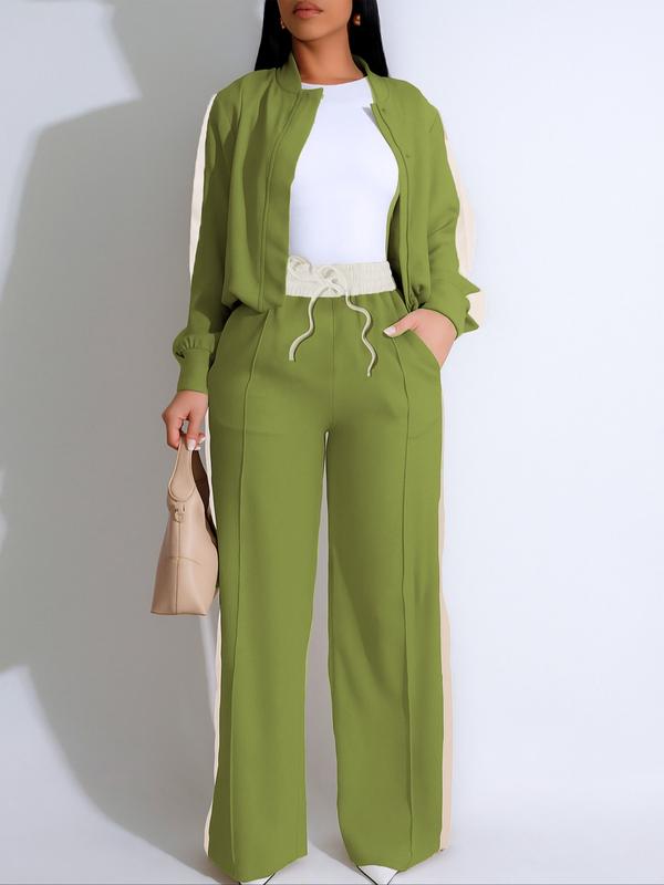 Two-piece Set Women's Patchwork  Top & Wide Leg Pants Set, Casual Long Sleeve  Outerwear & Pants for Daily Wear, Ladies Summer Clothes
