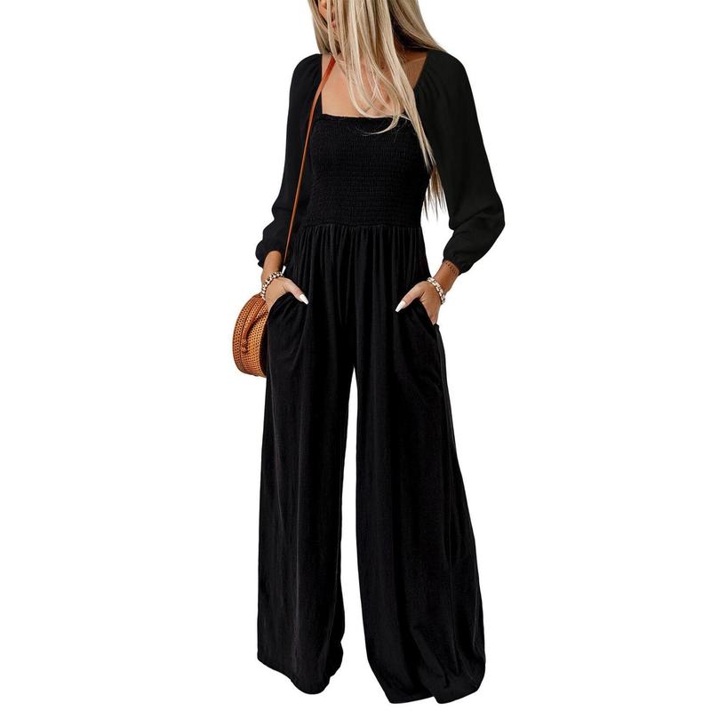 Women's Casual Loose Overalls Jumpsuits One Piece Long Sleeve Wide Leg Long Pant Rompers With Pockets