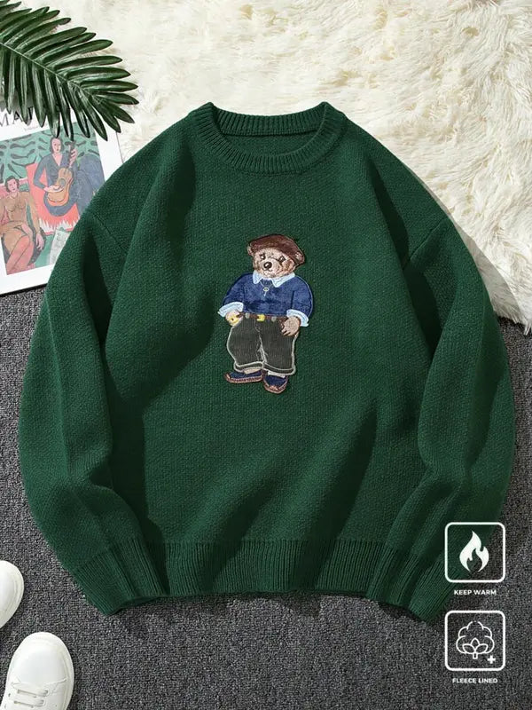 Unisex Cartoon Bear Print Crew Neck Sweater, Casual Loose Long Sleeve Jumper for Fall & Winter, Fashion Ladies' Knitwear for Daily Wear