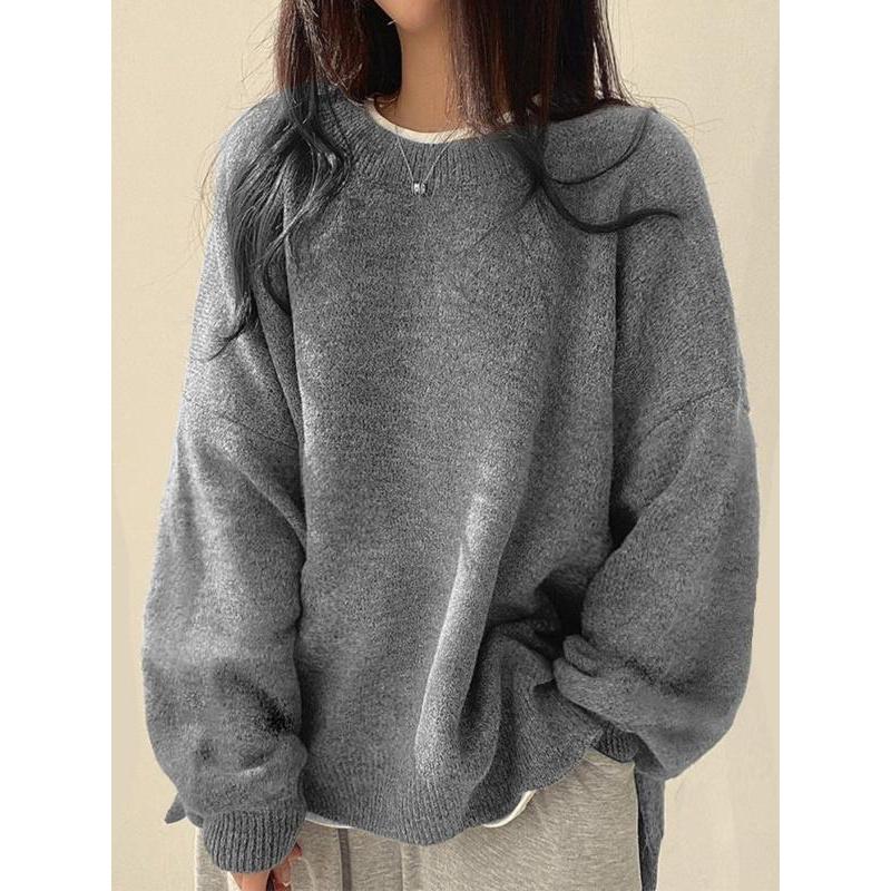 Women's Drop Shoulder Split Hem Sweater, Casual Long Sleeve Round Neck Jumper, Women's Knitwear Top for Fall & Winter, Sweaters for Women