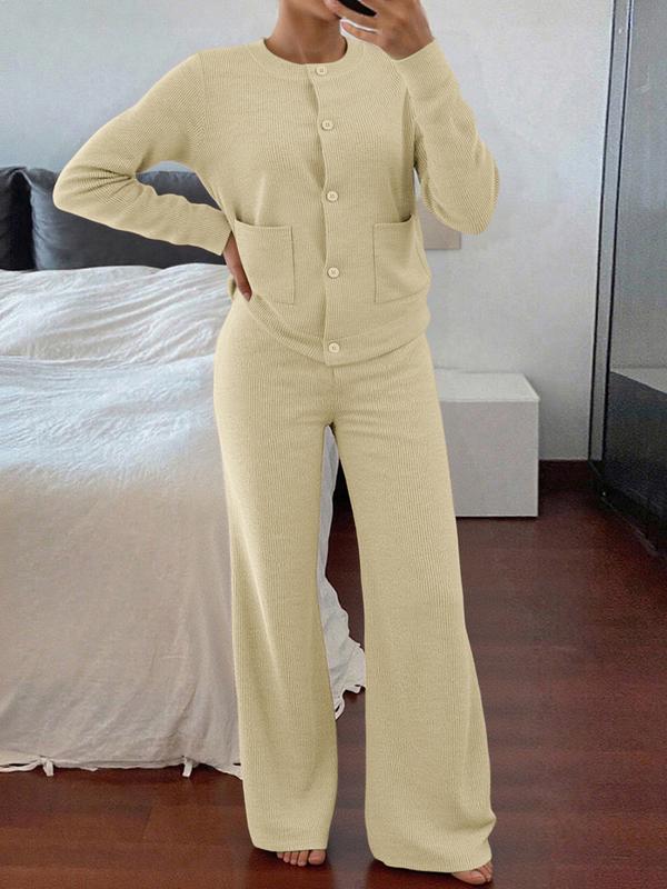 Women's Casual Comfortable Round Neck Long Sleeve Knit Sweater Set, High Waist Versatile Wide Leg Pants, Perfect for Daily Wear