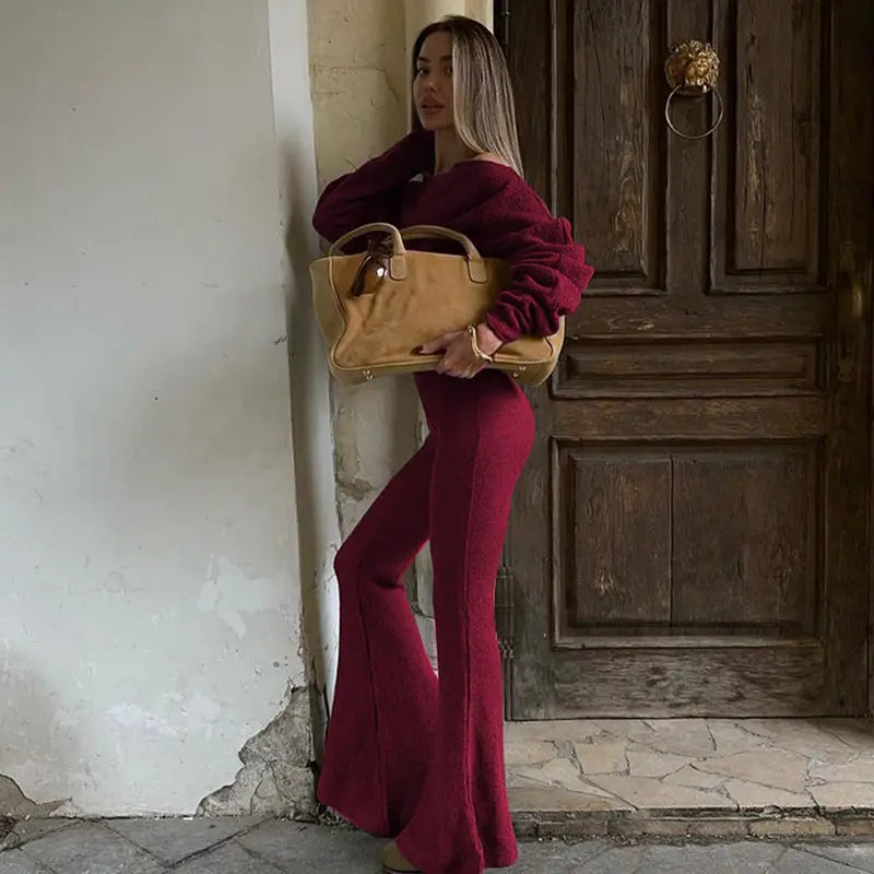 Women's Solid Asymmetrical Neck Top & Flare Leg Pants Set, Casual Drop Shoulder Long Sleeve Top & Trousers, Women's Fall & Winter Clothes for Daily Wear