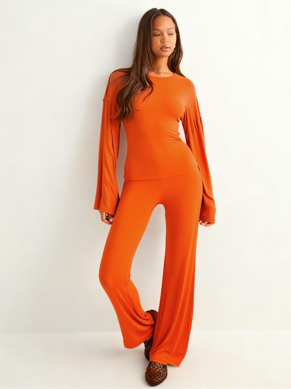 Women's Fall New Round Neck Flare Long Sleeve Top & Elastic Waist Straight Leg Pants Set, Casual Fashion for Daily Wear