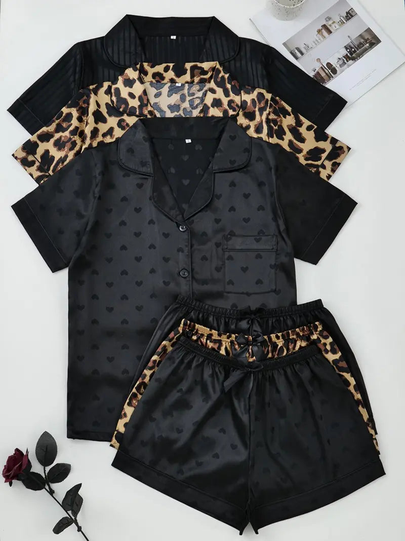 Women's Solid Contrast Binding Bow Decor Pajama Set, Short Sleeve Button Front Lapel Shirt & Shorts Pj Set, Ladies Summer Sleepwear & Loungewear