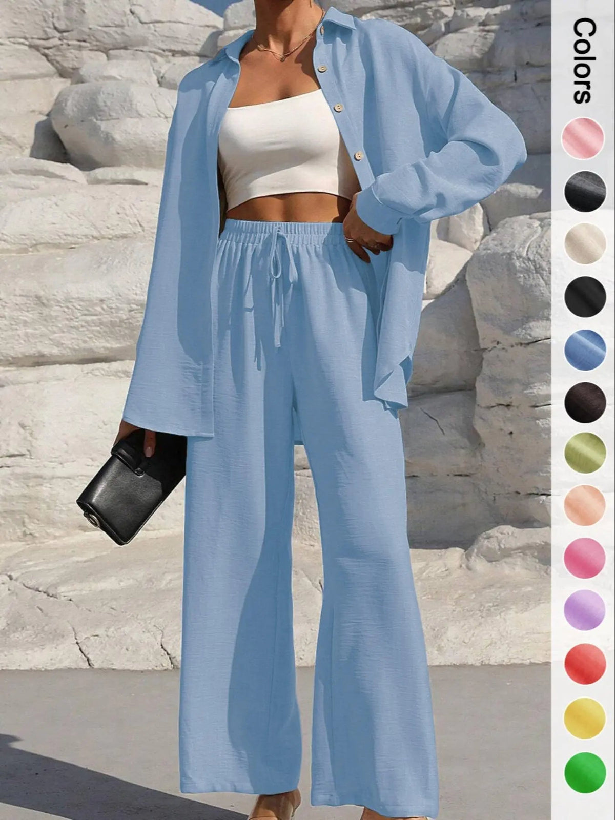 Women's Solid Button Front Shirt & Tie Front Wide Leg Pants Two-piece Set, Casual Drop Shoulder Long Sleeve Top & Trousers 2 Piece Set for Spring & Fall, Women's Clothes for Daily Wear, Casual Outfits Women