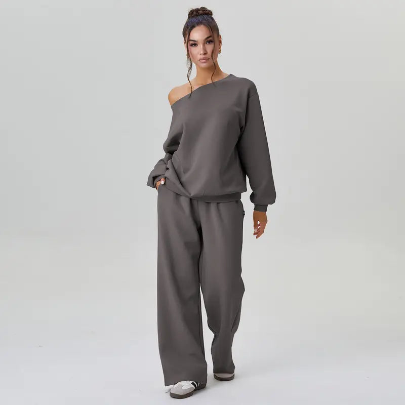 Women's Leisure Solid Color Sloping Shoulder Long Sleeve Top & Wide Leg Trousers Co-ord, Cozy Scoop Neck Loose Two Piece Outfits, Basic Womenswear