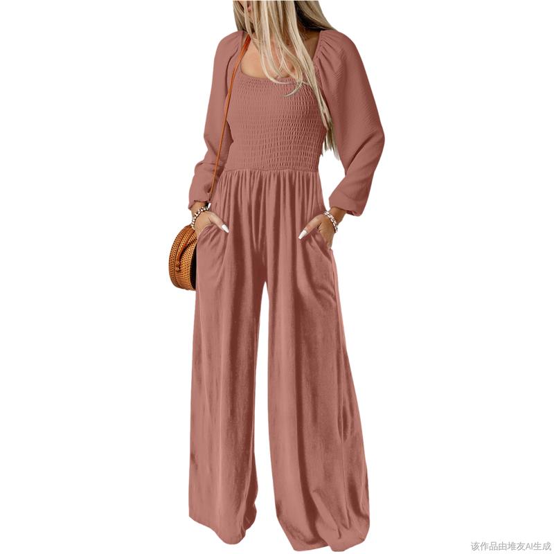 Women's Casual Loose Overalls Jumpsuits One Piece Long Sleeve Wide Leg Long Pant Rompers With Pockets