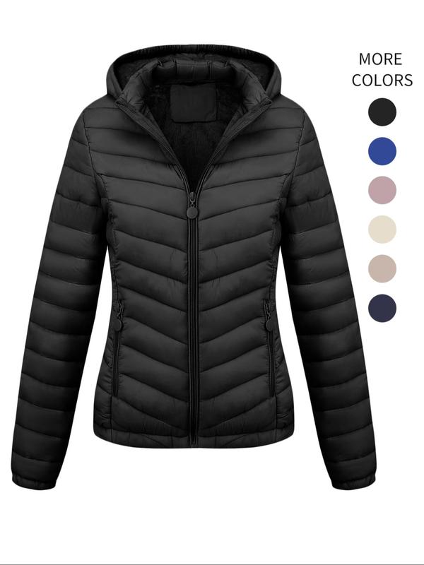 Women's Lightweight Puffer Jacket, Casual Fall & Winter Hooded Coat with Pockets, Warm Daily Commute Outerwear