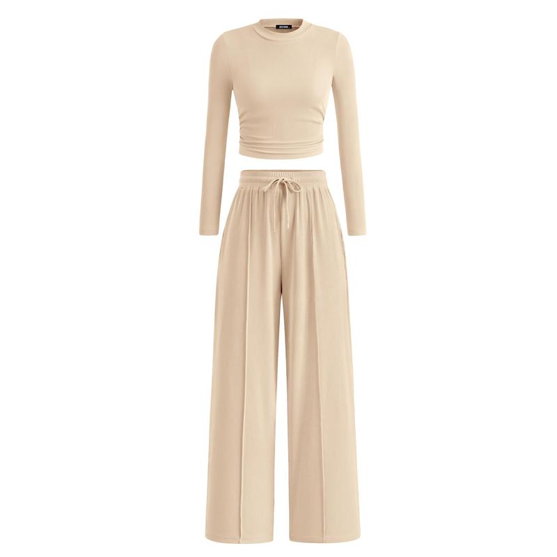 2-Piece Ribbed Knit Long Sleeve Crop Top Wide Leg Pants Matching Lounge Set Loungewear