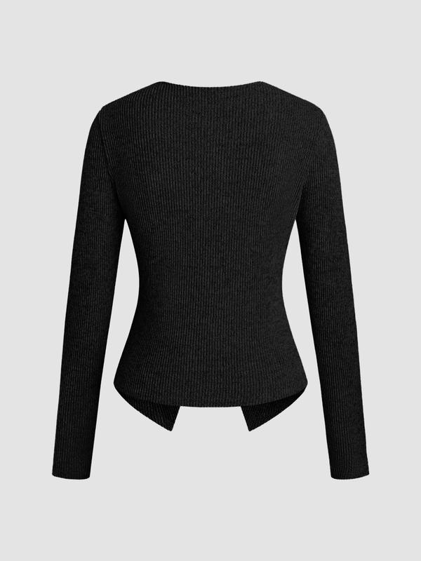 Women's Casual Elegant Ribbed Knit Button Long Sleeve Top, Fitted Plain Design, All Season Wear, Moderate Fabric Thickness