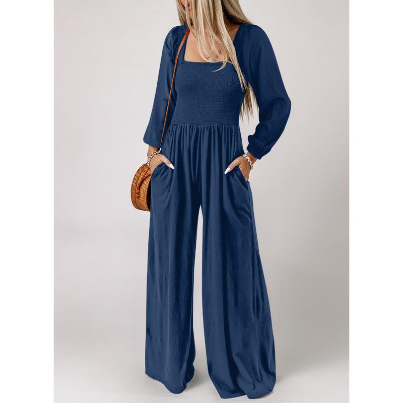 Women's Casual Loose Overalls Jumpsuits One Piece Long Sleeve Wide Leg Long Pant Rompers With Pockets