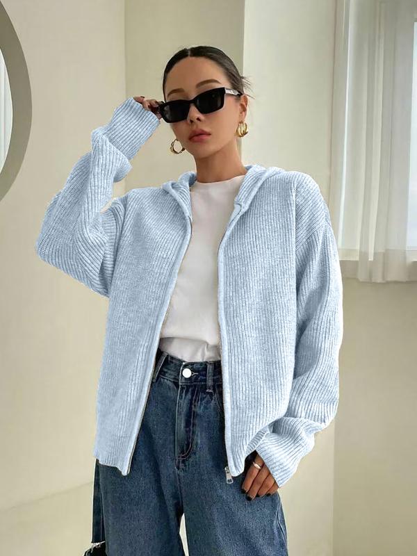 Women's Solid Color Zip Up Hooded Sweater Cardigan, Casual Long Sleeve Knitwear for Fall & Winter, Fashion Ladies' Knit Clothing for Daily Wear