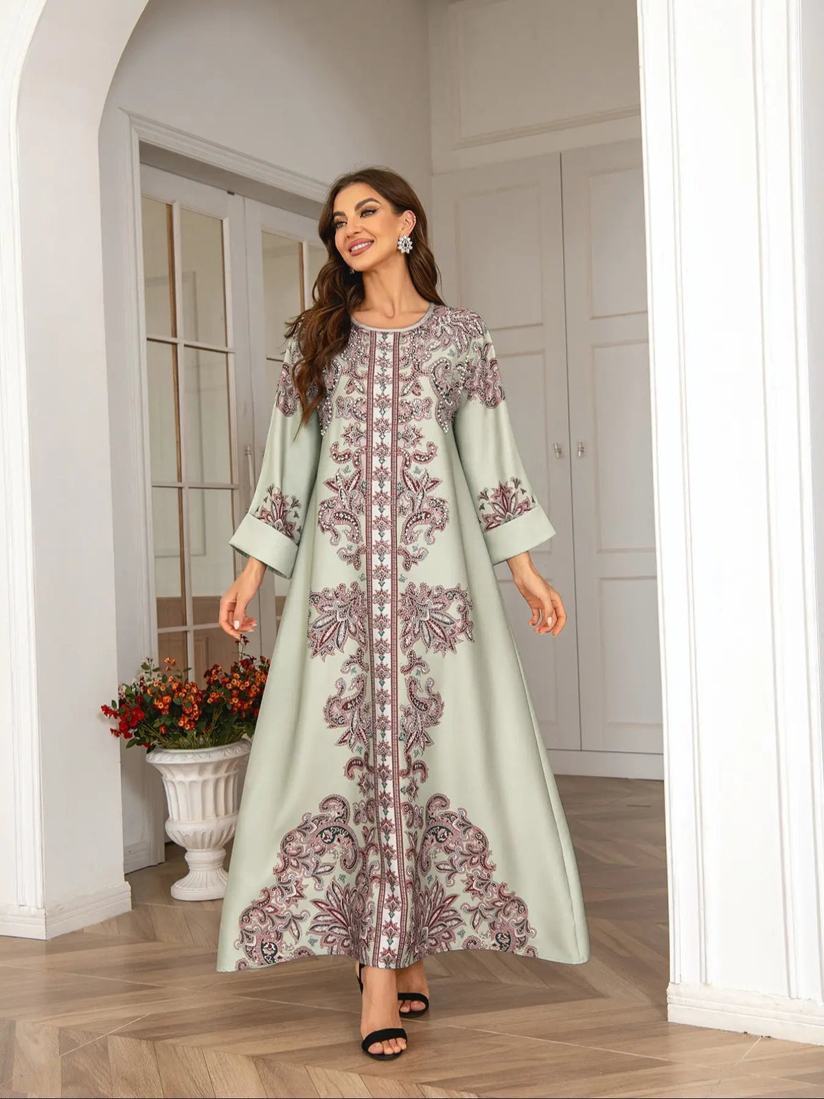 Elegant Boho Muslim Women's Long Robe, All over Print, Loose-Fitting, Round Neck, Flap Sleeves, Long Sleeve, All Seasons