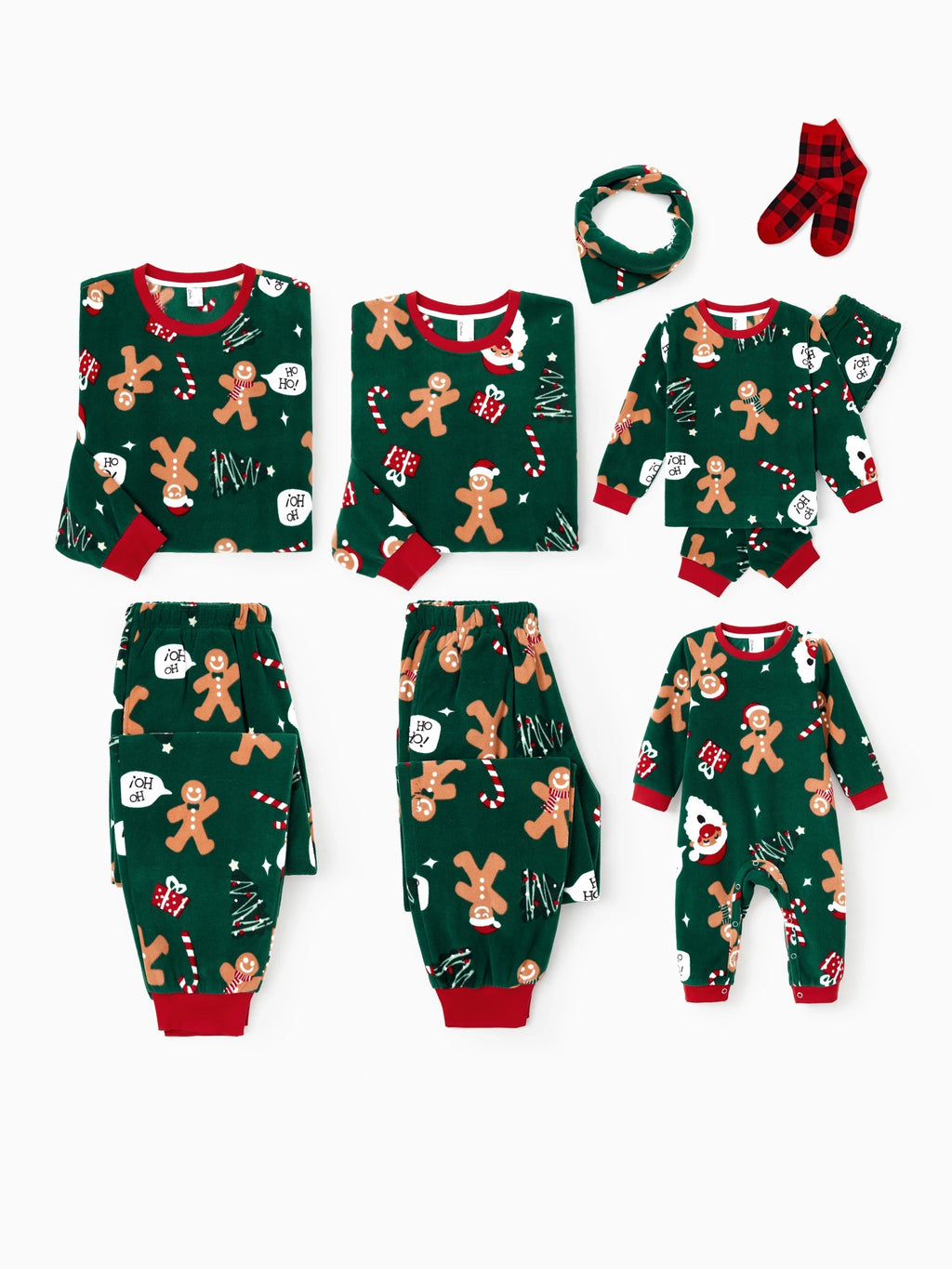 Christmas Pajamas Family Matching Fleece Gingerbread Man Long Sleeves Pajamas Sets with Christmas Socks Dark Green