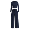 2-Piece Ribbed Knit Long Sleeve Crop Top Wide Leg Pants Matching Lounge Set Loungewear