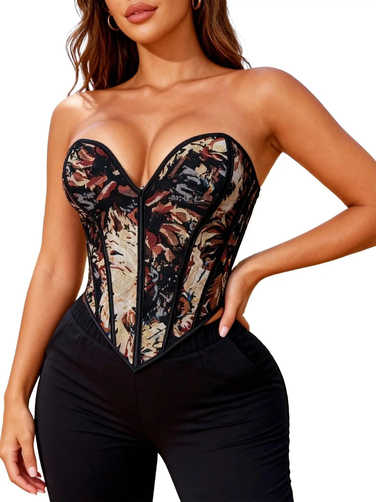 Women's Floral Print Shapewear Tops, Fashionable Lace Up Closure Corset, Tummy Control Shaper for Women