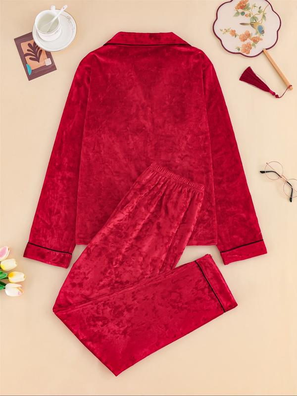 Women's Elegant Winter Pajama Set, Fitted Long Sleeve Button-Up Top & Warm Pants, Comfortable Home Wear for Cold Weather