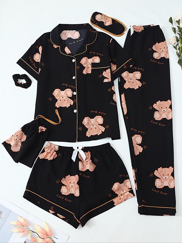 Women's All Over Print Top & Shorts & Pants & Accessories Pyjama Set, Casual Comfy Pj Set, Ladies Sleepwear for All Seasons