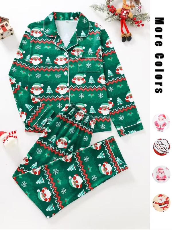 Two-piece Set Women's Christmas Print Button Front Pocket Shirt & Elastic Waist Pants Pyjama, Casual Comfy Long Sleeve Collared Top & Trousers Pyjama Set, Women's Sleepwear for Spring & Fall