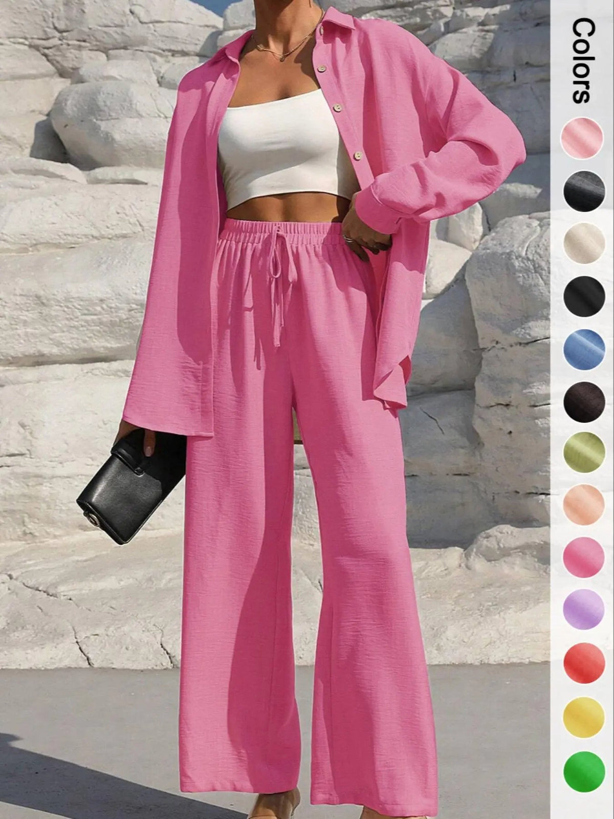Women's Solid Button Front Shirt & Tie Front Wide Leg Pants Two-piece Set, Casual Drop Shoulder Long Sleeve Top & Trousers 2 Piece Set for Spring & Fall, Women's Clothes for Daily Wear, Casual Outfits Women
