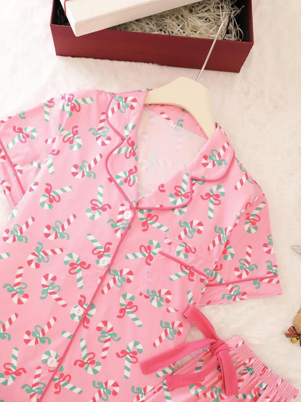 2 pieces of ladies' Christmas cane candy printed short sleeved shorts sleepwear set with buttons, collars, bows, suitable for comfortable and casual home wear in all seasons
