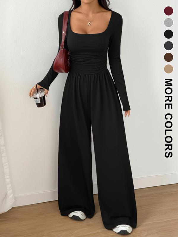 Women's Fall Winter Knit Wide Leg Jumpsuit, Casual Fashion Plain Color Round Neck One-Piece, Versatile Long Sleeve Romper