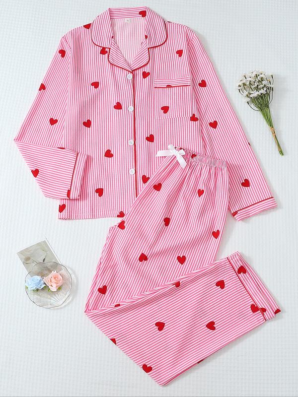 Women's Striped Bow Print Long Sleeve Pajama Set, Sweet Cute Button Front Top and Pants, Casual Home Wear for All Seasons