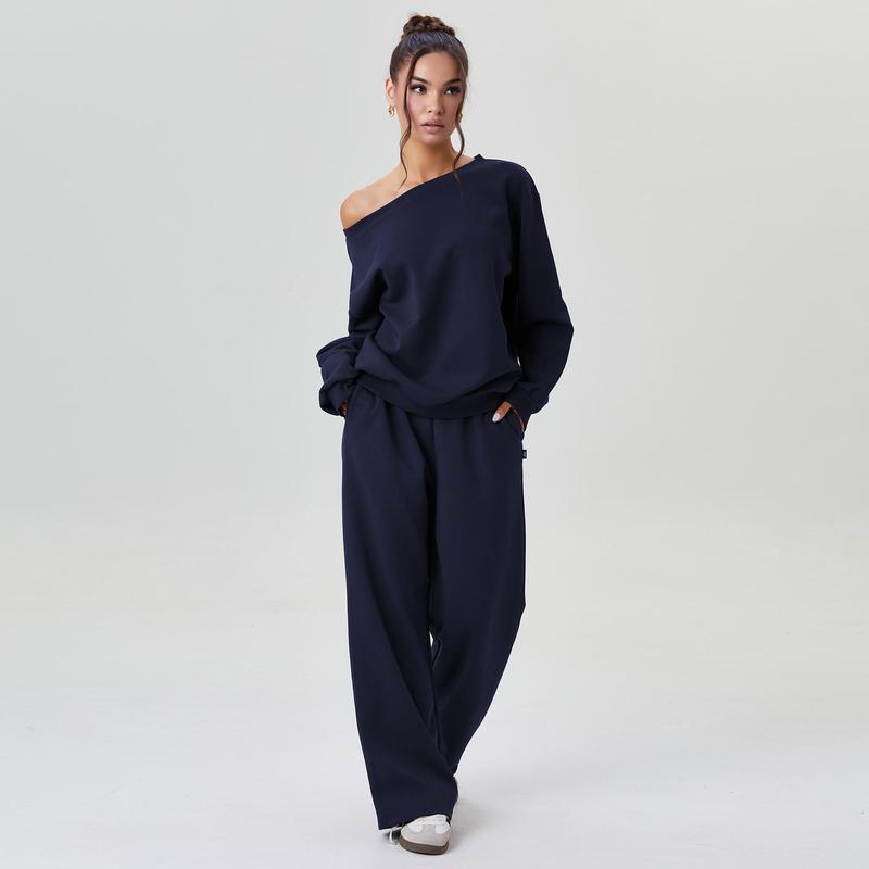 Women's Leisure Solid Color Sloping Shoulder Long Sleeve Top & Wide Leg Trousers Co-ord, Cozy Scoop Neck Loose Two Piece Outfits, Basic Womenswear