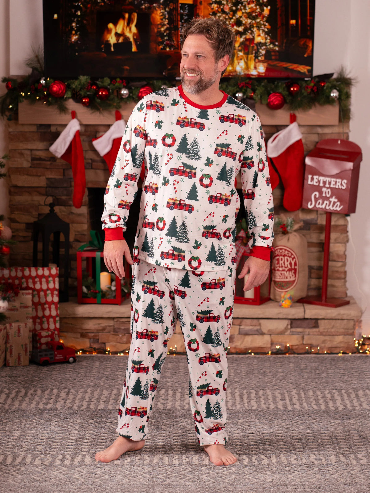 Christmas Family Matching Allover Xmas Tree & Car Print Long-sleeve Pajamas Sets with Christmas Socks Multi-color