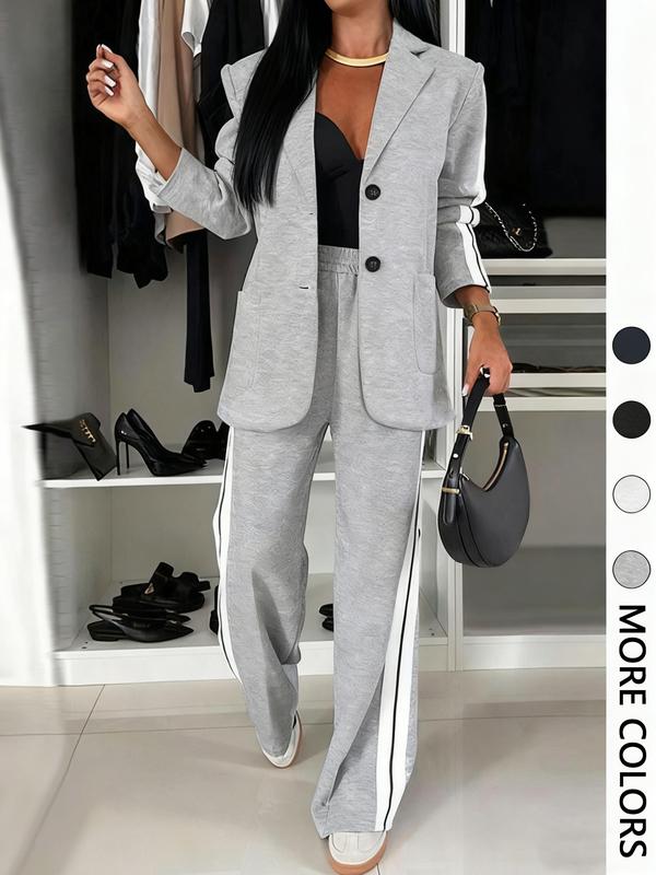 Women's Striped Print Blazer Jacket & Wide Leg Pants Set, Casual Fitted Suit for All Seasons, Stylish Ladies' Clothing Ensemble